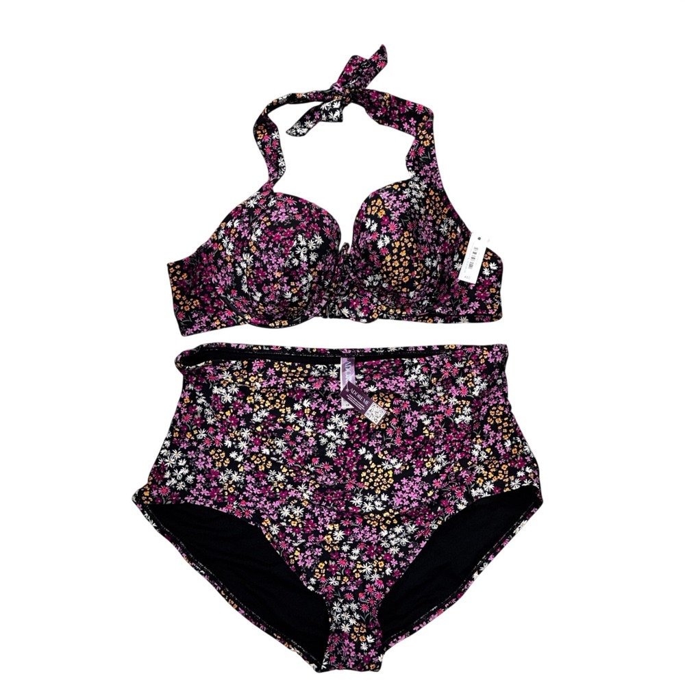 Adore Me Sugar Rush Bikini Women 40C/2X Black Floral NWT High Waist Halter Set